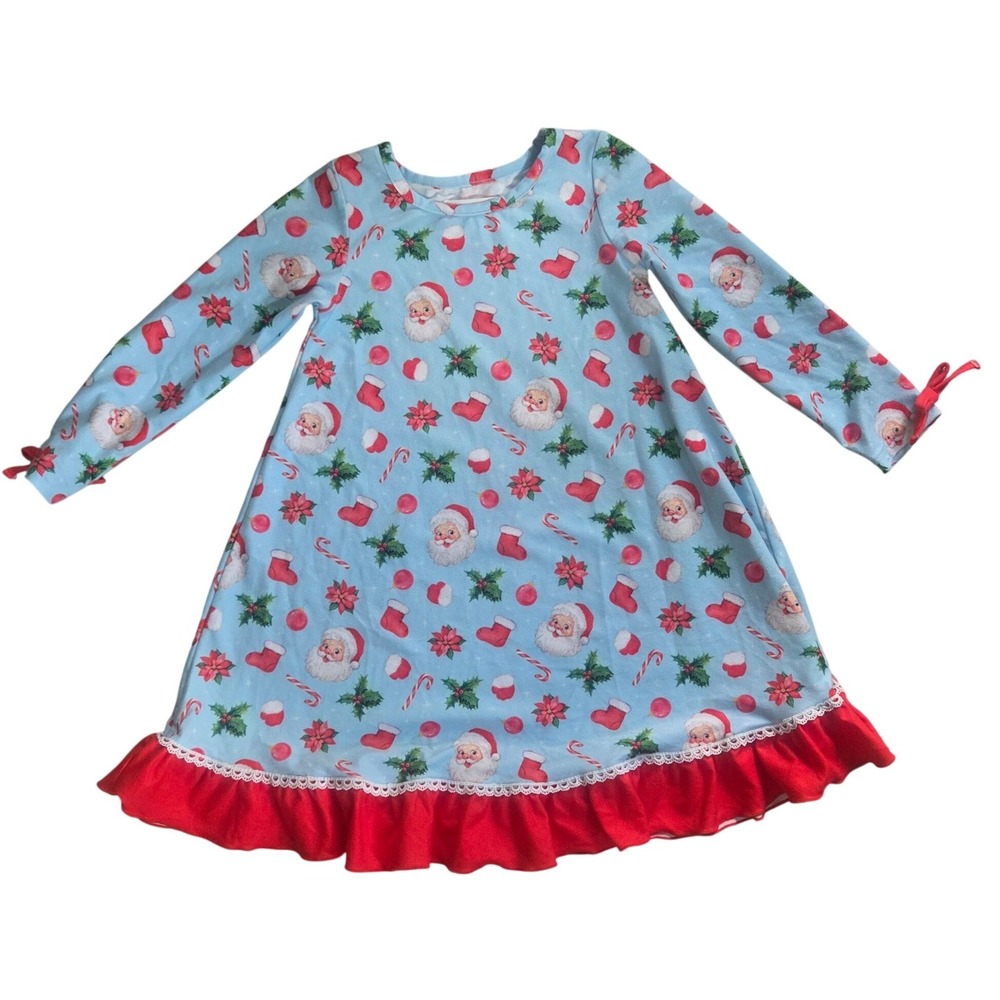 Evie's Closet Girls Christmas Santa Ruffle Nightgown Blue Red Size 3 Holiday